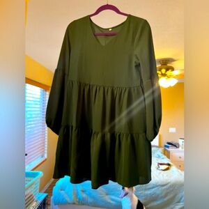 Olive Green Short Long Sleeve Flowy Dress